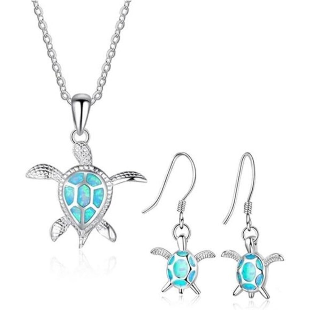 Turtle Necklace Earrings Set for Women Silver Opal Pendant Jewelry Fashion - Picture 6 of 6
